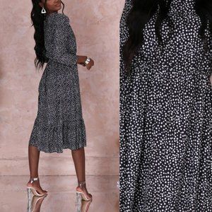 Black & White Polkadot Midi Dress 3/4 Sleeves